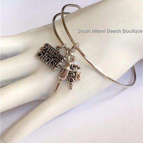 Nursing RN Caduceus Charm Bracelet Syringe Cute Graduation Gift Silver Plated - Picture 4 of 8
